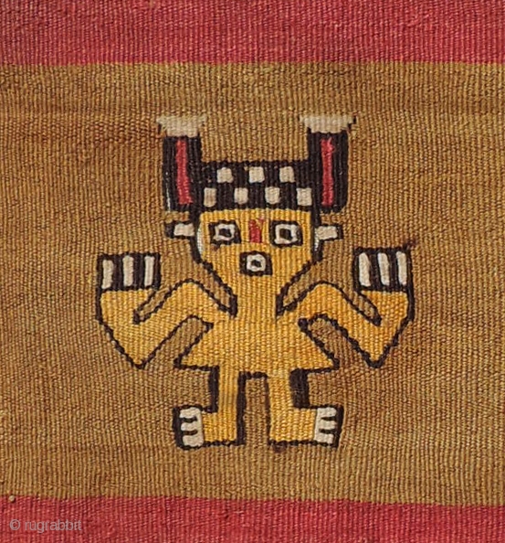 Standing figure detail from pre-Columbian tapestry.  Very finely woven Chancay panel with strong, minimal design.  Almost like tissue paper. Colors are intense and side selvedges intact. Good size. 20.5 x  ...