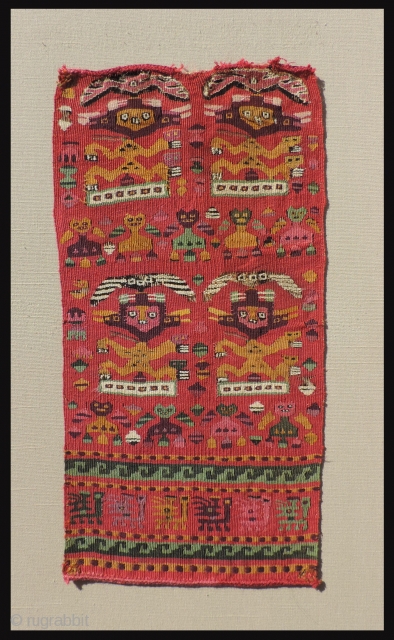 Pre-Columbian, tapestry textile. a.d. 1000 - 1400.  Exceptional color, rare green, strong yellow and deep purple among other beautiful hues. Interesting figures. Far from your typical Chimu textile, this piece is  ...