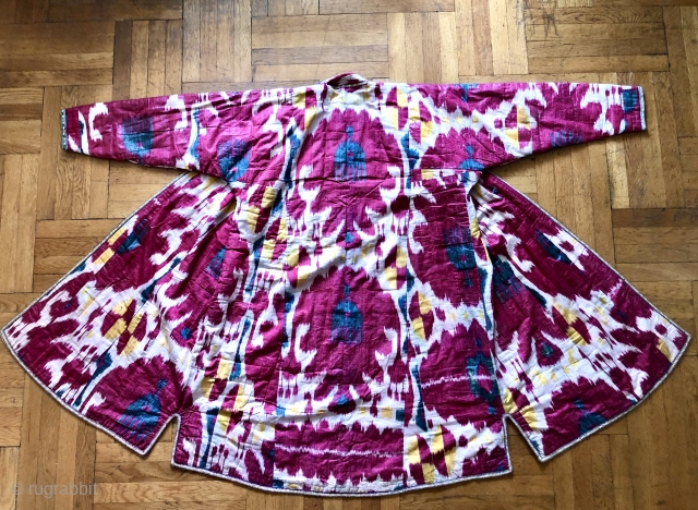 Complete 19th Century Uzbek Man's Ikat Robe. 76 x 56 inches.  Lined with a bold block printed/painted cotton fabric. Padded for insulation this coat is heavy, not a summer coat.   ...