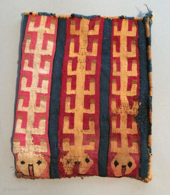 Pre-Columbian Bag. A.D. 400 - 800. This textile displays a highly unusual image that is reminiscent of fish bones.  The indigo blue is beautiful and uncommon as a ground color.   ...