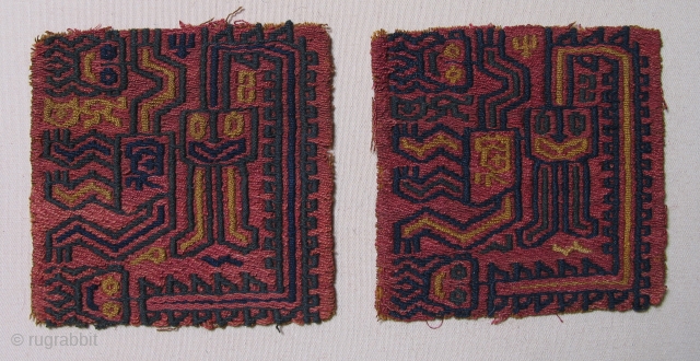 Paracas Shaman Twins, BC 300 - 100 BC.  3.25 inches square.                     