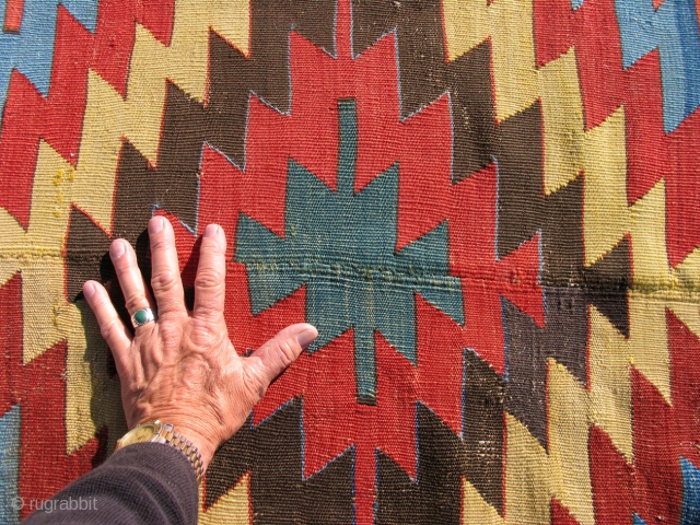 Anatolian Kilim. 1st half of the 19th century. Large scale, simple, bold design with all good dyes. Complete with some 30 year old minor restoration work done states-side - see details.   ...