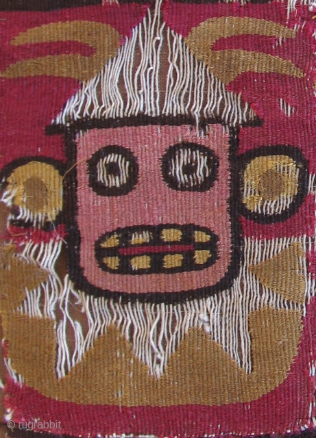 Unique tapestry woven coca bag. Peru, Wari Culture, ad 500 - 800. This small bag has killer imagery with it's Jester-like main figures. One figure appears to be biting his tongue and  ...