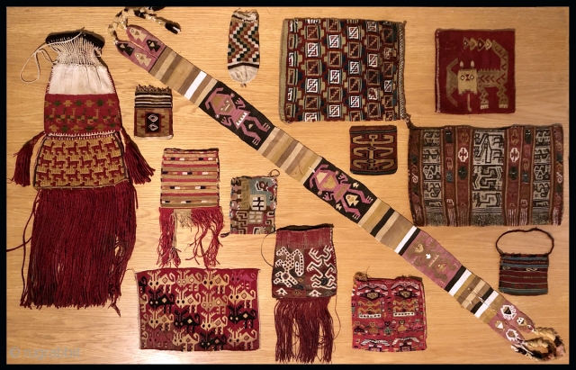 Ancient Andean textiles on the table.  From A.D. 200 to A.D.1500. By the numbers inside. Numbers 3,5,7,11 have been sold the rest available.         
