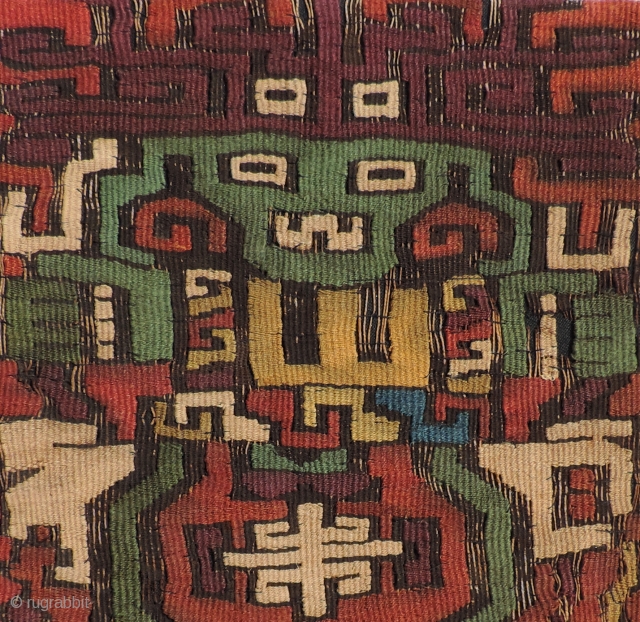 Early Nasca tapestry fragment with human figures.  Re-purposed into a small bag. Great color and iconography.  Size: 8.5 x 7 inches.          