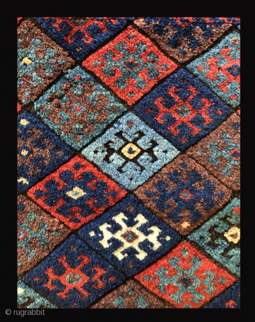 Jaff Kurd bag face with excellent color and wool with superb indigo blues. 19th century.  Size: 22.5 x 25.5 inches.            