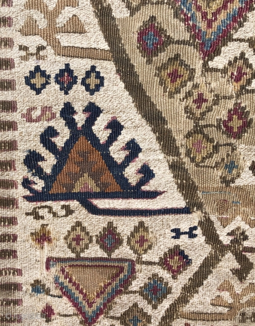 Antique Reyhanli kilim fragment.  Unusual two tone - mixed wool and cotton wefts used as an off-white field or ground color.  There is an animated, almost musical quality to the  ...