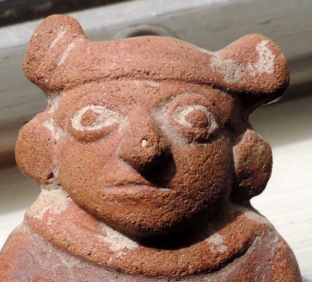 Pre-Columbian Mochi Ceramic Figure.  A.D. 100 - 800.  Rare, small guardian figure with immense charisma and charm. There is something very special about this little being.  Traces of the  ...