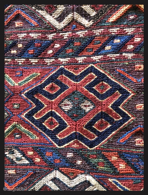 
Kurdish flatweave bag with excellent color. 19th century.  Not exactly sure where this comes from, but it is probably from Northeastern Iran.  The balanced 2-1-2 positive and negative design and  ...