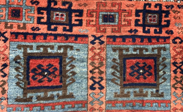 Eastern Anatolian compartment rug with hooked medallions. 1st quarter of the  19th century.  Bold design and color with distinctive apricot and light blue/green leaning towards turquoise.  It has beautiful  ...