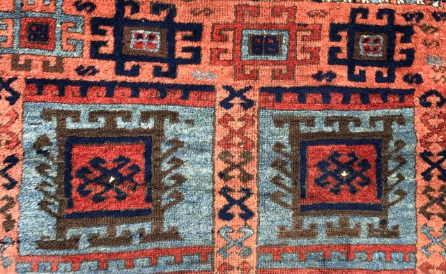 Eastern Anatolian compartment rug with hooked medallions. 1st quarter of the  19th century.  Bold design and color with distinctive apricot and light blue/green leaning towards turquoise.  It has beautiful  ...