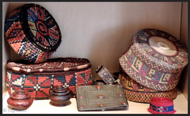 All items in this image are $600 or less.  Seen here are great South Persian baskets with all dyes natural.  Hadj hats finely worked. Very old miniature Tibetan bowls .  ...