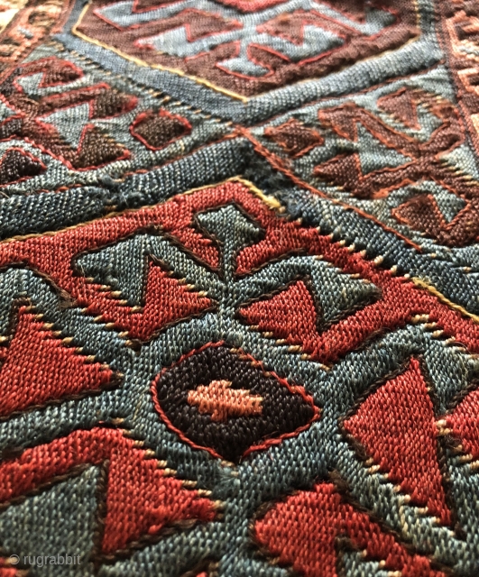 Rare and old, this "weftless sumak" (simple weft-wrapping) bag face is fine and exceptional. The colors and patina are beautiful and the subtle, sculpted-like surface that is inherent to so-called "weftless "structures  ...