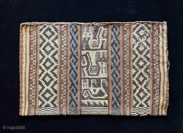 Very large and special Pre-Columbian bag with fantastic creatures filling the center band. Size: 20 x 12.5 inches. Peru A.D. 1000 -  A.D. 1400.  It was woven in a warp-face  ...