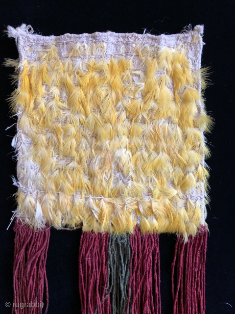 Pre-Columbian Sunshine Yellow Feather Bag.  Nasca Culture.  A.D. 200 - A.D. 600.  Size: 8 x 8.5 inches.  Including fringes  8 x 19 inches. Evidence suggests that a  ...