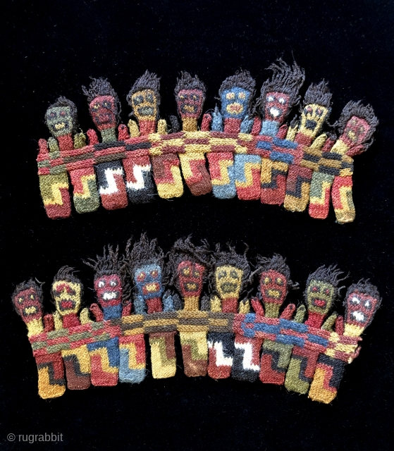 Nearly 2000 years ago these figures decorated an important ritual cloth. Early Nasca knitted figures like these were part of a long border strip that was sewn to a rectangular, plain weave  ...