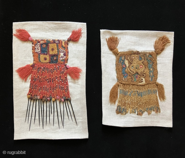 Rare and primitive Pre-Columbian textile pendants. Researching the literature has yielded less than seven of this kind of textile and each example is unique as regards iconographic content.  They are indeed  ...