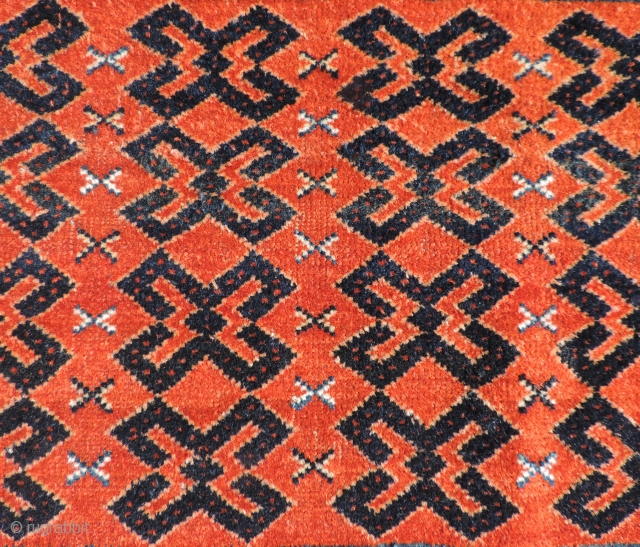 This very unusual 19th century Middle Amu Daria region torba or trapping has a design like that seen in flat woven pieces often attributed to the Ersari. This example may well be  ...