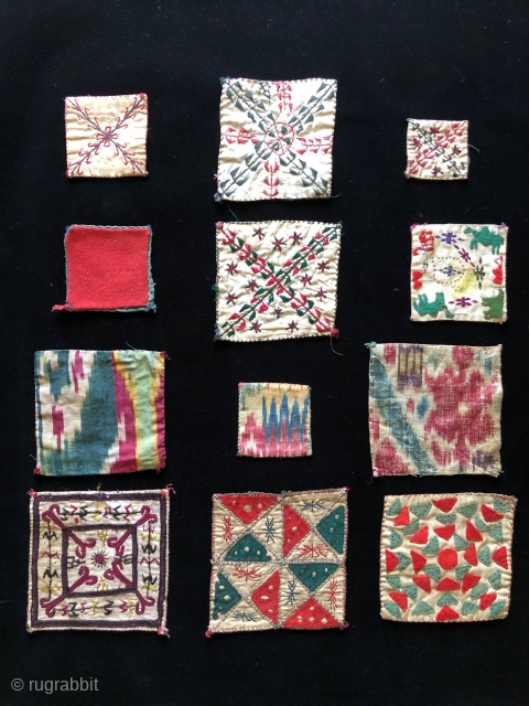 Assortment of one dozen small Yomut Turkmen squares from various wedding camel trappings.  Largest 5 x 5 inches.  Smallest 2.5 x 2.5 inches.        