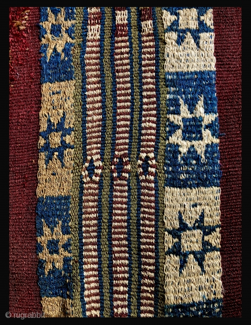 Two classic Incan period complimentary warp woven textile fragments - parts of two different men's tunics. 15th century. Featuring eight pointed stars and interesting transposed warp patterning and discontinuous warps.  Size:  ...