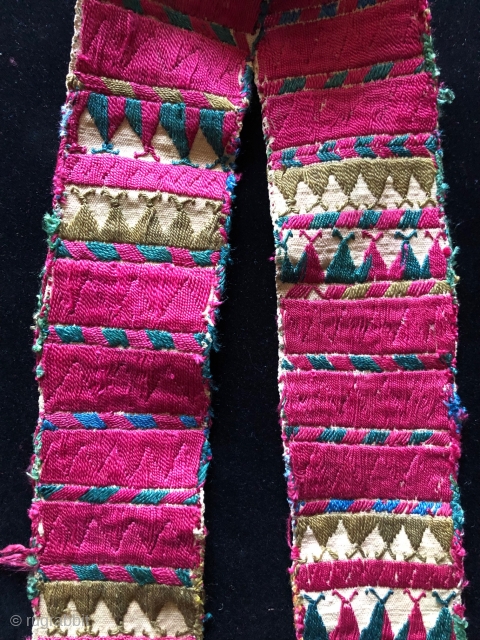 Two beautiful Central Asian supplementary warp faced woven bands.  Ersari? Uzbek? Khirgiz? 19th century. Brilliantly dyed silk supplemental patterning yarns cover areas on both sides of these narrow bands.  Size:  ...