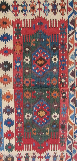 Aydinli Anatolian Kilim, 1st half 19th century, beautiful color and condition - complete. Size: 4'10" x 11' 7".               