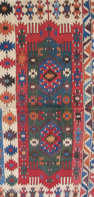 Aydinli Anatolian Kilim, 1st half 19th century, beautiful color and condition - complete. Size: 4'10" x 11' 7".               