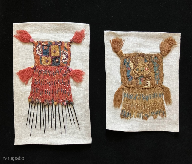 Rare and primitive Pre-Columbian textile pendants.  Researching the literature has yielded less than seven of this kind of textile and each example is unique as regards iconographic content - so they  ...