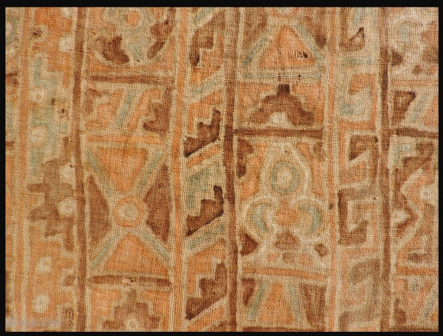 Pre-Columbian painted textile with bird, fish and geometric motifs. Subtle color palette and interesting Eschar-like composition. 21 x 20 inches. Painted on a handspun cotton ground cloth, conserved and mounted to a  ...