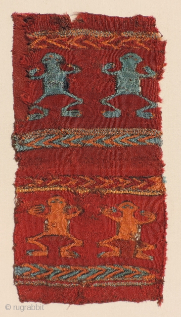 Frogmen!  Great little pre-Columbian textile with frog-like creatures. Beautiful warm colors and strong graphics. Probably dates to about A.D. 400 - 600. This piece was originally collected as a repurposed small  ...