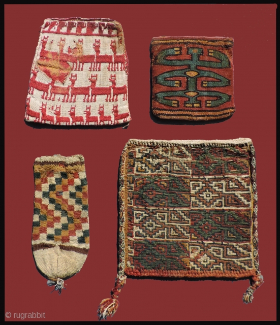 Four ancient Andean bags. All were woven sometime between  A.D. 100 - 1400.  Different cultures, different structures.              