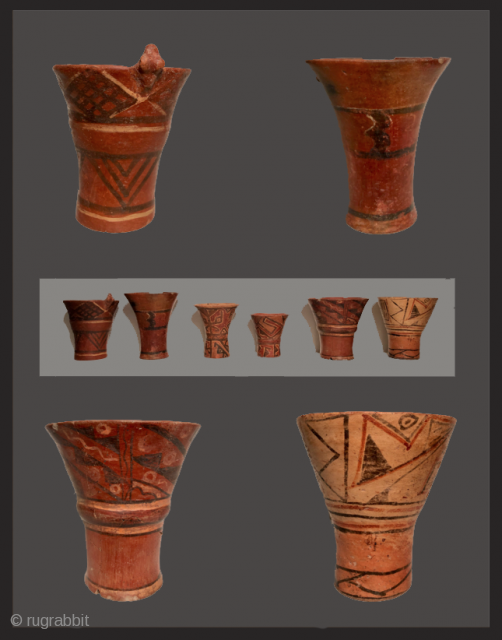 Group of six Tiwanaku period ceramic keros (drinking vessels).  A.D 400 - A.D. 1000.  Vessels such as these are rare.  They were used in ritual drinking bouts that were  ...