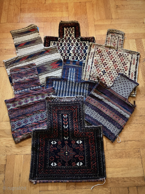 Baluch salt bag selection.  The tip of the iceberg.  Over 25 collectable salt bags from one collection.  Also a collection of Baulch animal trappings.  Also many small bags  ...
