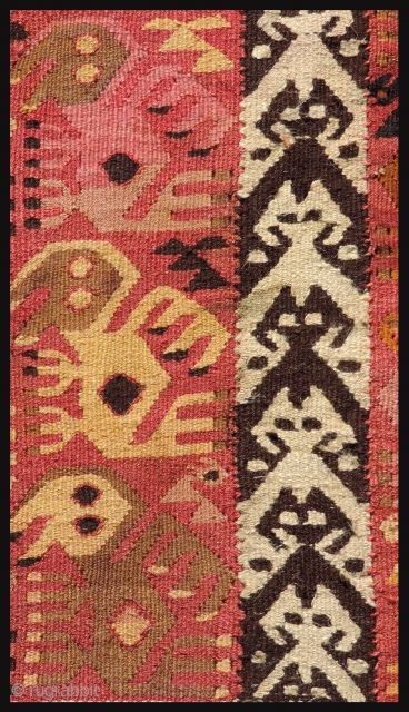 Pre-Columbian tapestry textile.  Pachacamac - Rimac Culture, Peru, A.D. 1000 - 1400.  Three panels joined together with coastal bird images.  Conserved to a backing and professionally mounted. Size 25.5  ...
