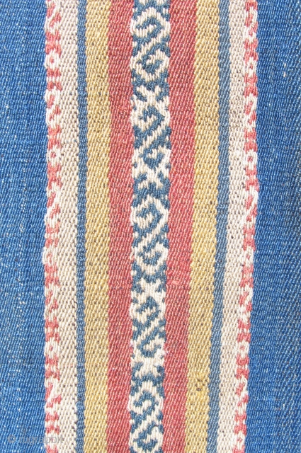 Aymara Coca or Carrying Bag, (Chuspa, or Alforja)  Rare blue ground bag, large with double-headed snake design in center band.  19th century.         