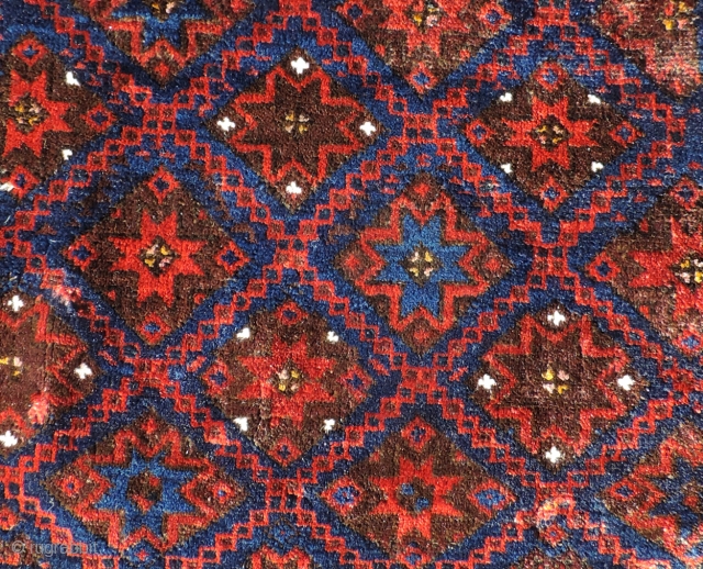  Baluch stars and lattice designed bag face.  Interesting flat woven top section. Some silk highlights.  Good wool and color.           