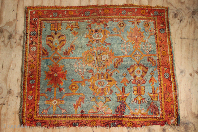 Unusual small blue Oushak, powder blue, with allover design. 164cm wide by 132cm tall.                   