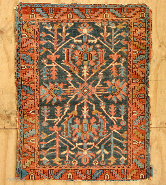 Antique Karadja rug 95 x 125cm / 3'1" x 4'1" Worn and missing edges as seen. £280 + Ship
Sides partially turned in and secured.         