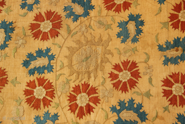 18th century Ottoman silk embroidered coverlet in outstanding original condition and a particularly fabulous stitch. Look how disciplined those lines of silk embroidery are. Very minor staining and very few small holes,  ...