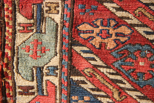 Mid 19th century Shahsavan sumac khordjin half, in very good condition and, of course, all natural dyes. Replete with bird and dragon shapes, wacky drawing and rather interesting closure lappets.With original plain ...