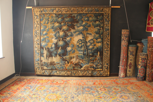 18th century Verdure tapestry 9'9" wide by 8'11" tall or 297cm wide by 272cm tall, ready to hang with a perfect condition Ziegler & Co carpet circa 1890 9'6" x 16'0" /  ...