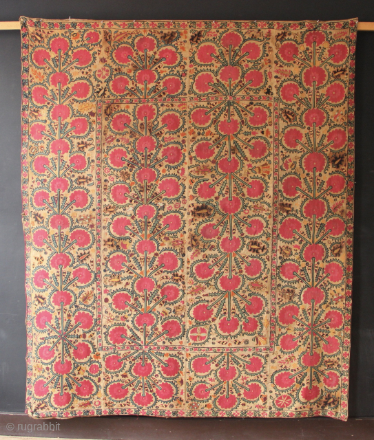 Mid 19th century Ura Tube Suzani 189 x 226cm / 6'3" x 7'5"
Some small holes, notably to the corners, and slight staining. Embroidery is in excellent condition and not rubbed.
Priced according to  ...