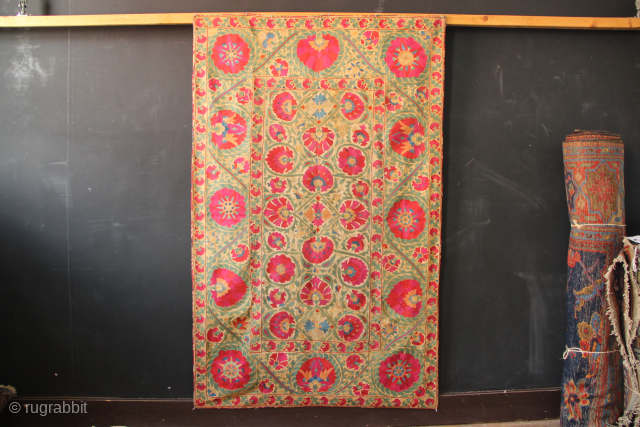 Antique Bokhara nim suzani, extra fine with lashings of green. Freshly cleaned and lined. 110 x 175cm / 3'7" x 5'8"

Please contact me via jamescohen50@hotmail.com or WhatsApp +44 7747 610 248 thank  ...