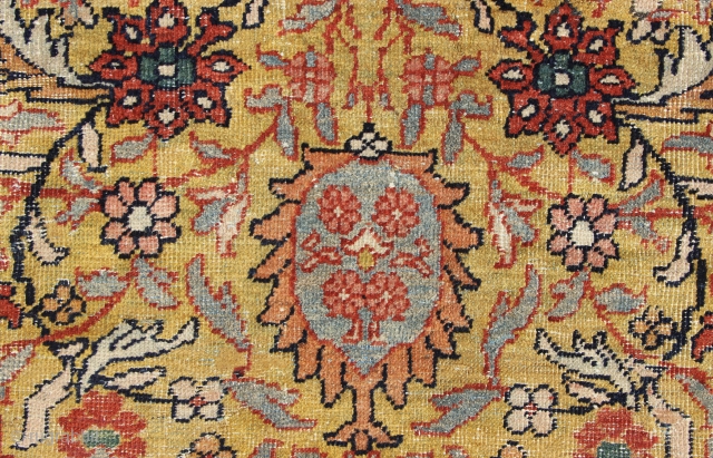 Golden field and turquoise border antique Mahal carpet approx 9 x 12 in good condition showing light wear.               