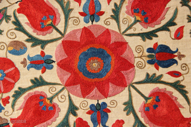 Mid 19th century Nurata suzani panel, beautifully mounted. 17" x 54" / 43 x 136cm                  