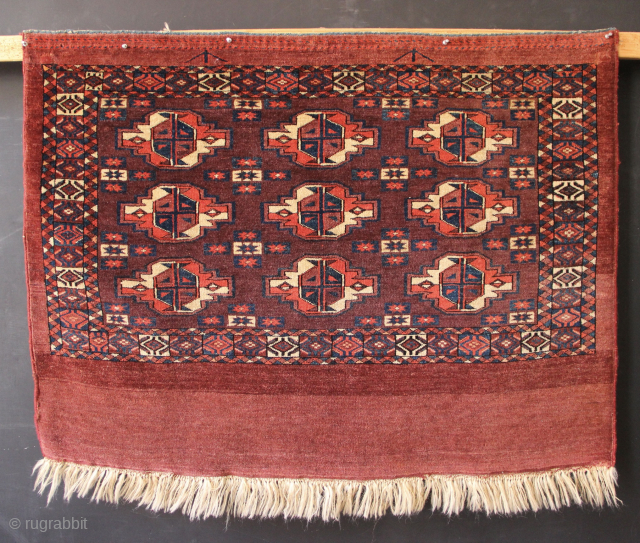 Mid 19th century Yomud chuval, with excellent colour and condition. Small repairs in top left and right corners, full pile and sparkling clean. 105 x 79cm / 3'5" x 2'7"   