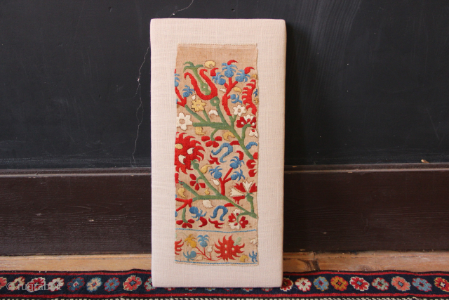 17th/18th century Skyros silk embroidery. Really shimmers. Frame size 19 x 38cm / 7.5 x 15"                 