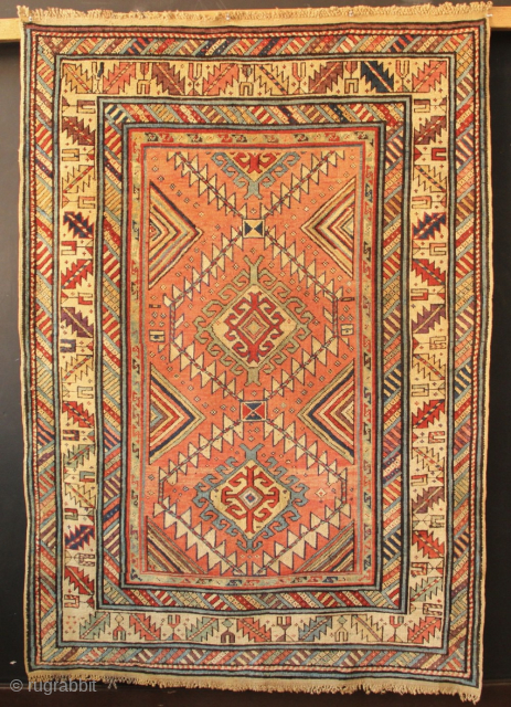 Fine 19th century Shirvan small rug with unusual and beautiful colours. Professionally restored. 101 x 145cm / 3'4" x 4'9"