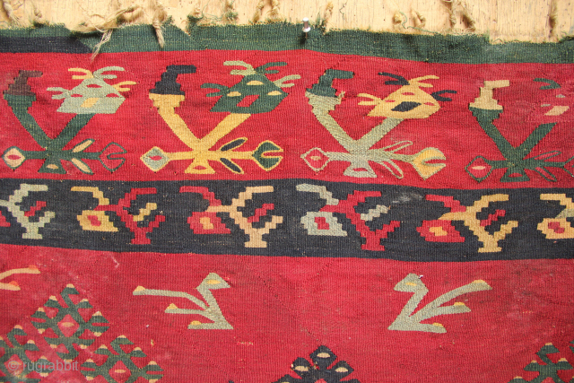 19th century Sarkoy Kilim, as found, with holes, stains and wear.138 x 200cm / 4'6" x 6'7"                