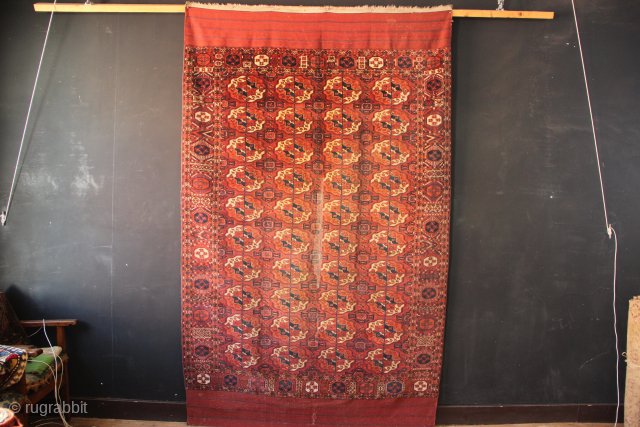 Beautiful, fine antique Tekke main carpet going for a song. In full pile and with original kilim ends, sadly a large old and faded repair in the middle. Surely still a jewel  ...